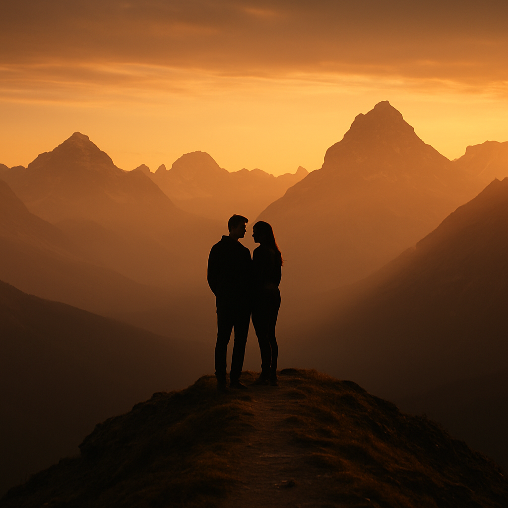 A couple standing together on an alpine ridge at golden hour in the Canadian Rockies