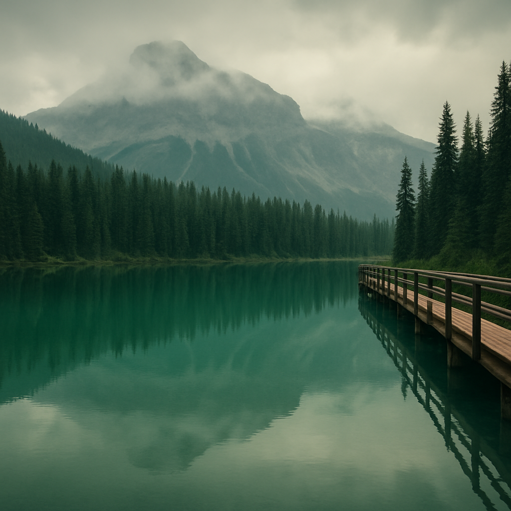 Emerald Lake in Yoho with a wooden footbridge and forested mountains