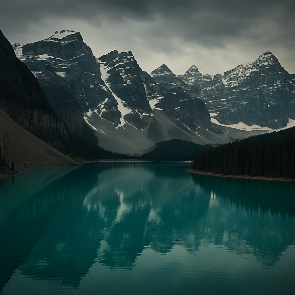 Glacial turquoise lake surrounded by rocky peaks near Lake Louise