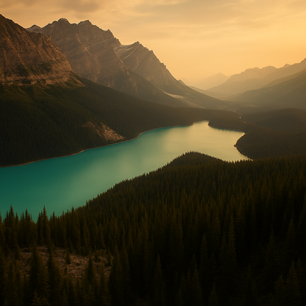 Peyto Lake’s wolf-head shaped teal water seen from above on the Icefields Parkway