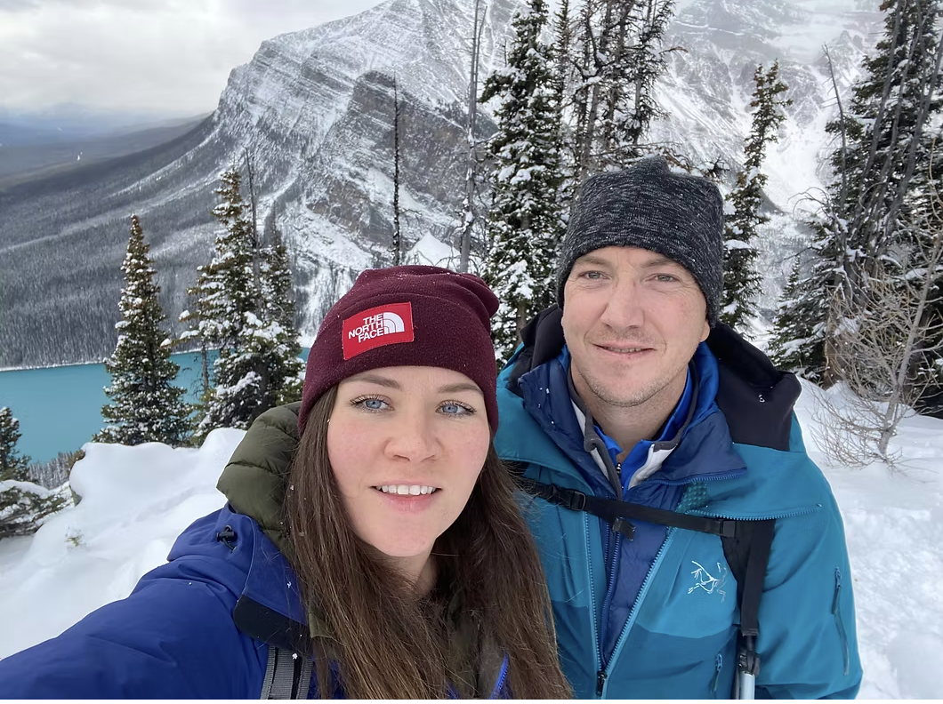 Noel at a snow-covered Lake Louise in the Canadian Rockies