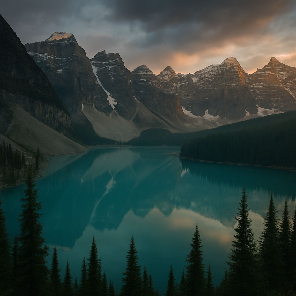 Turquoise glacial lake reflecting snow-dusted peaks of the Canadian Rockies at dawn